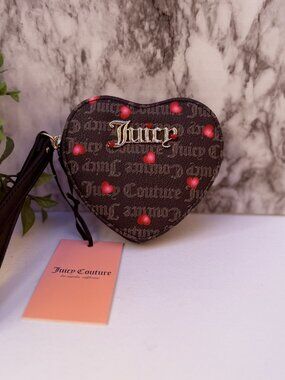 Juicy Couture Heart Coin Purse Wristlet Brown Monogram Red Hearts Zip Pouch